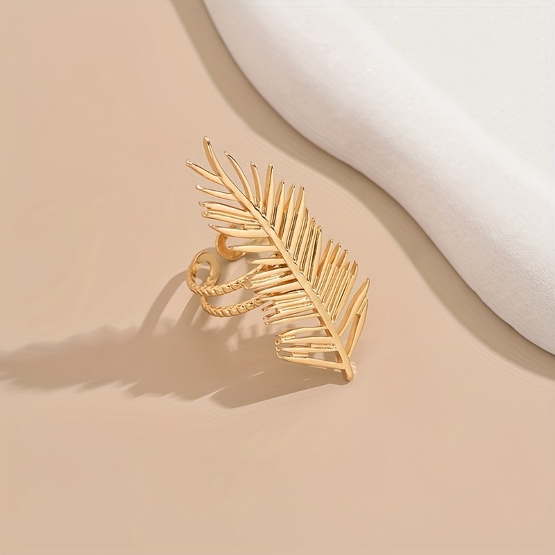Golden Tone Stainless Steel Leaf Ring for Women Adjustable Open Delicate Accesso